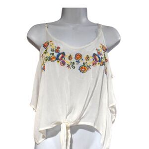 Womens Pheasant Blouse Size Small White Floral Cold Shoulder Short Sleeve Shirt